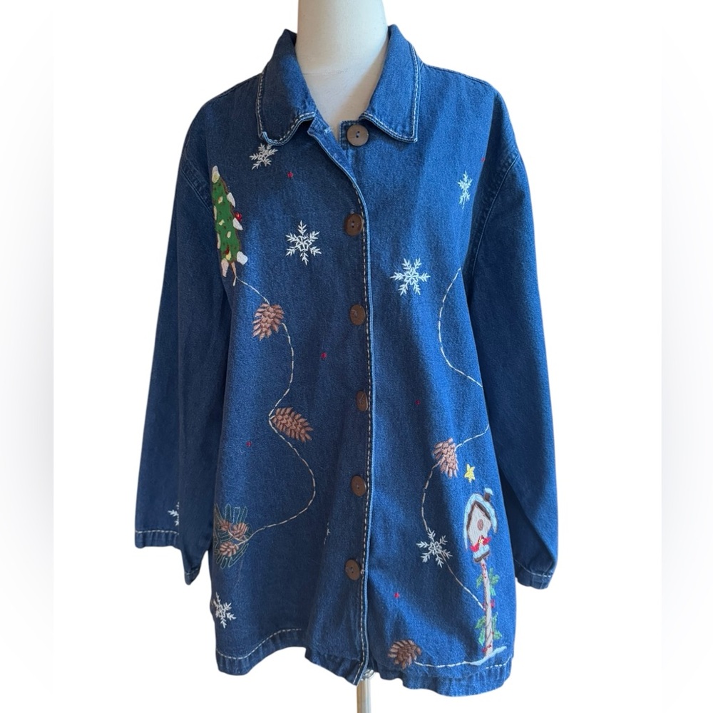 1990s NorthCrest Embroidered Appliqué Holiday Denim Shirt/Shacket
